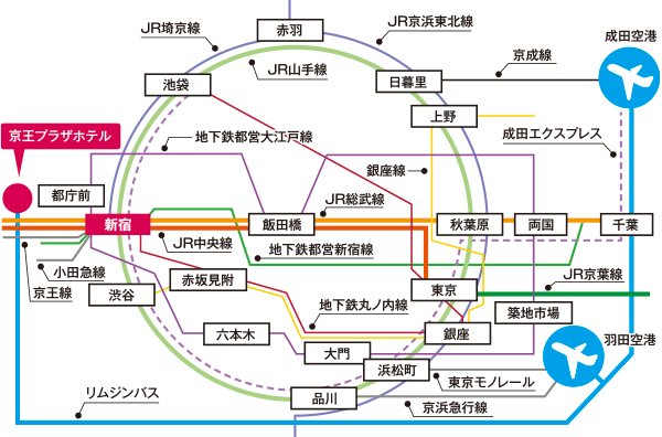 路線図。会場である京王プラザホテルおよび新宿NSビルへのアクセス方法です。